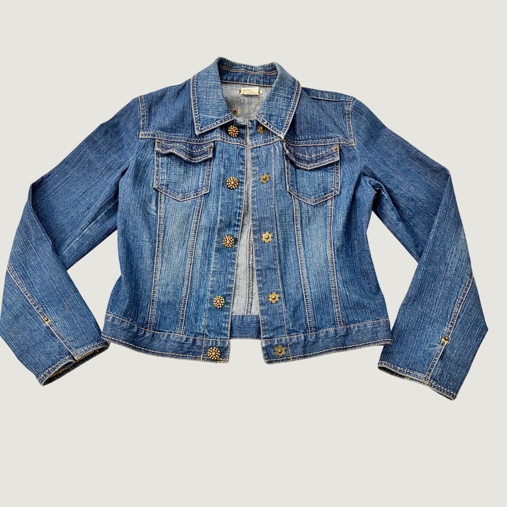Nancy Bolen Denim Jacket Amber McBling Button Stretch Cotton Blue Boho Western S